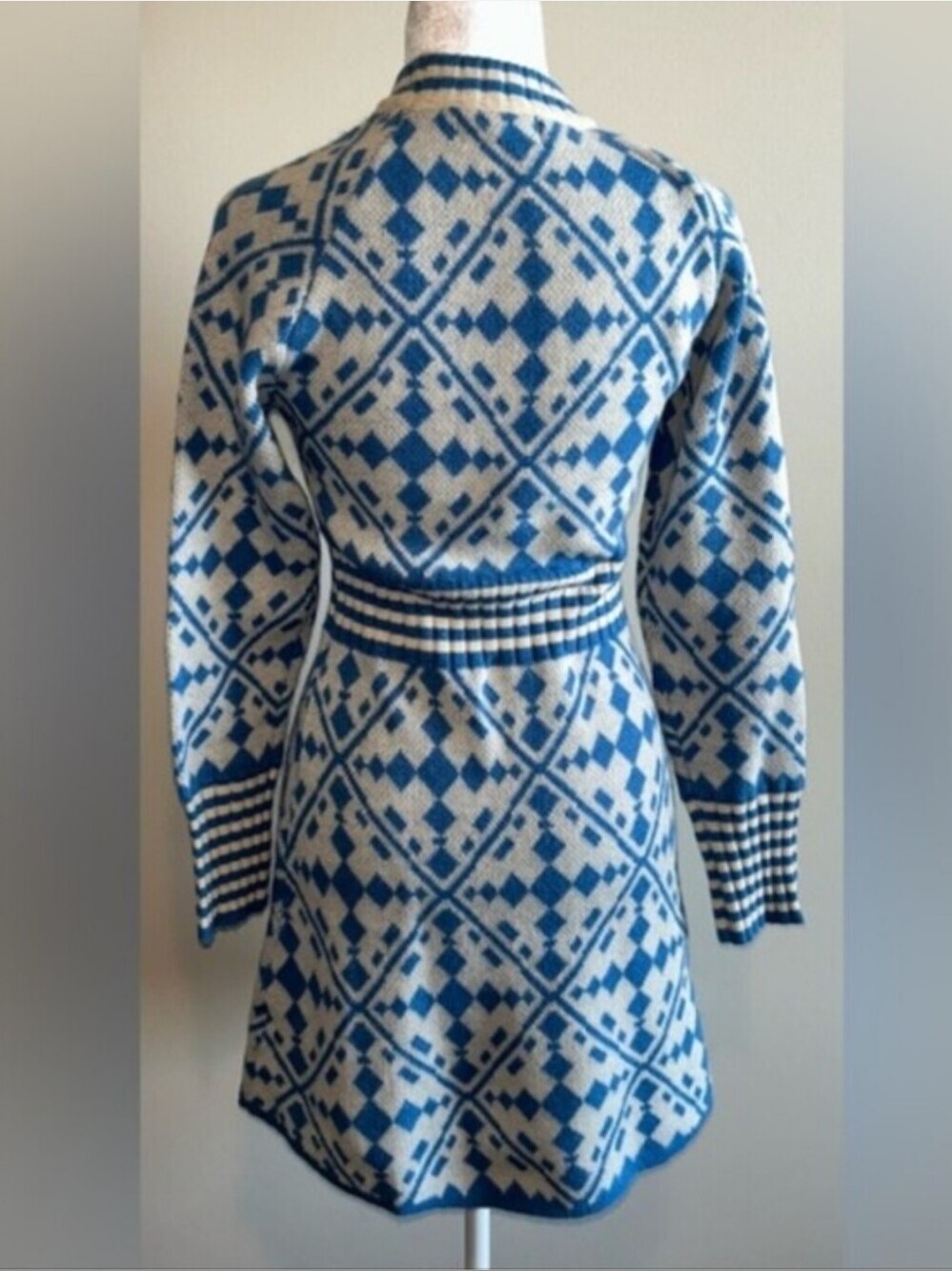 Blue & White Geometric Knit Mini Dress, Long Sleeve - Picture 3 of 4